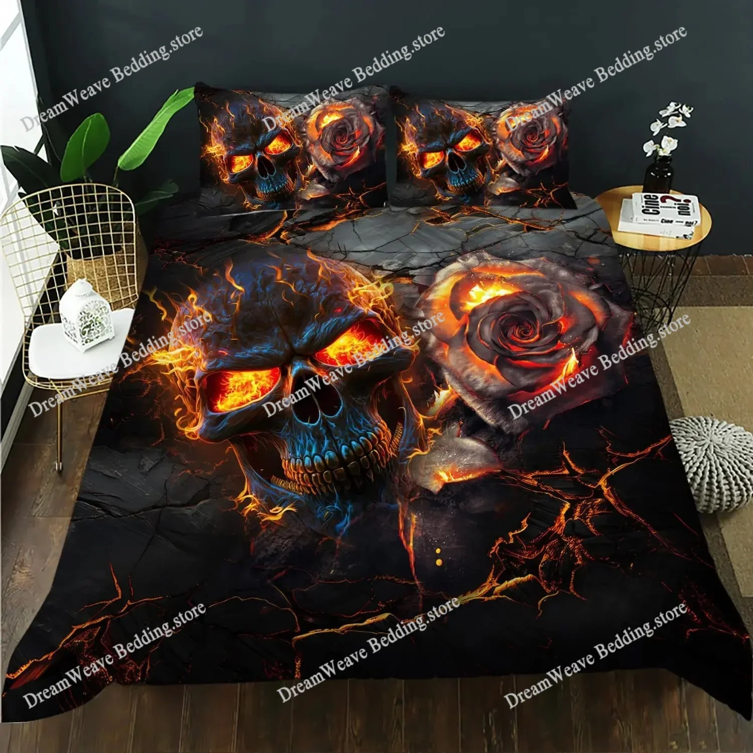 Gothic Skull Duvet Cover Set Queen Size, Black and White Skull Bedding Set for Boys Teens Men, Retro Floral Comforter Covers Set 4