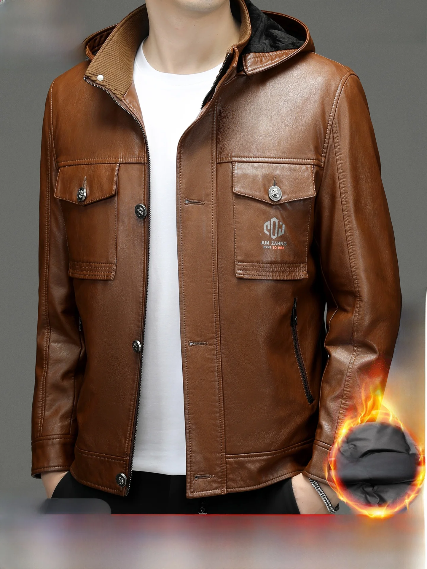 

Мужская кожаная куртка Pierre Cardin, зимняя модная городская куртка с длинными рукавами, утепленная, со съемным капюшоном, с пуховым утеплителем, молодежная куртка