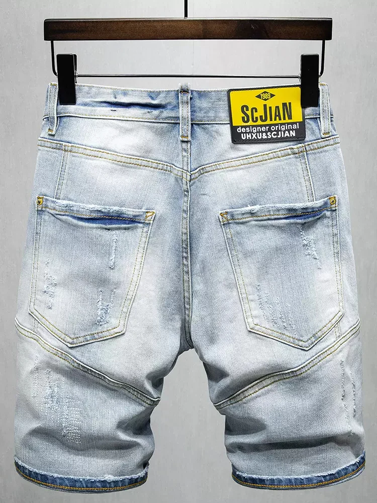 Summer Fashion Men Jeans High Quality Retro Light Blue Spliced Stretch Ripped Denim Shorts Men Vintage Casual Shorts Hombre