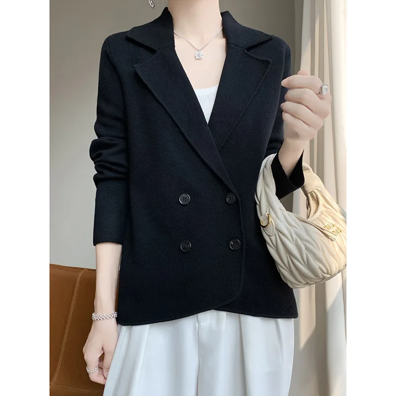 New Autumn And Winter Worsted Wool Cardigan Women\'s Suit Collar Solid Color Double-breasted Jacket Loose Short Knitted Top