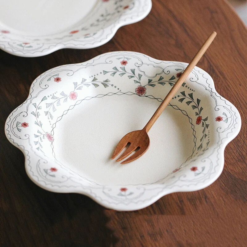 Vintage Floral Print Ceramic Bowls Flower Edge Casual Milk Yogurt Deep Bowls Household Kitchen Fruit Porcelain Tablewares