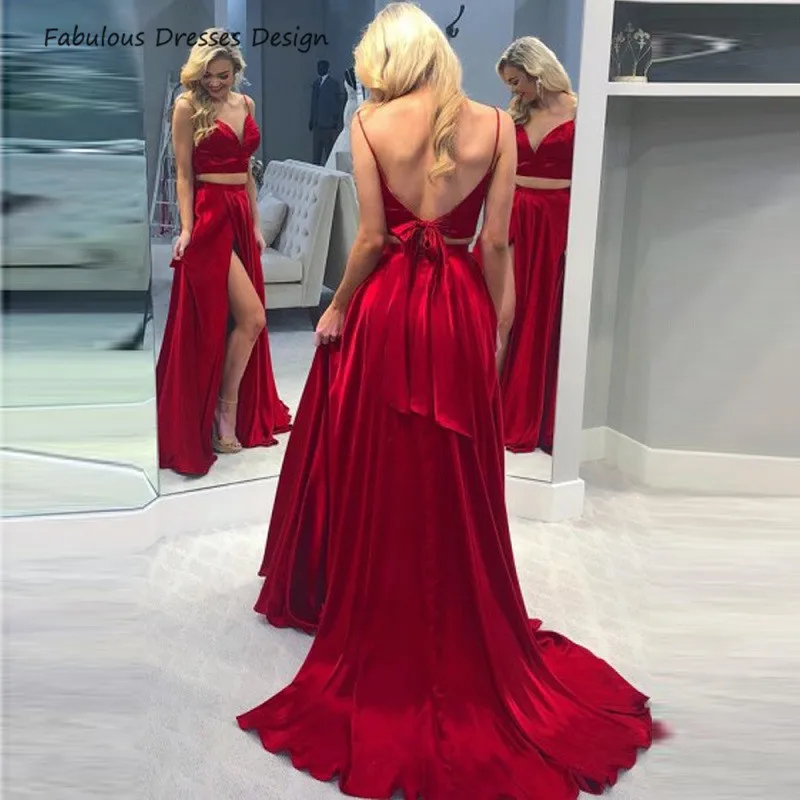 

Red Two Pieces Long Prom Dresses A-line Sweep Train Spaghetti Straps Sweetheart Neck Evening Dress Bowknot Wedding Party Gown