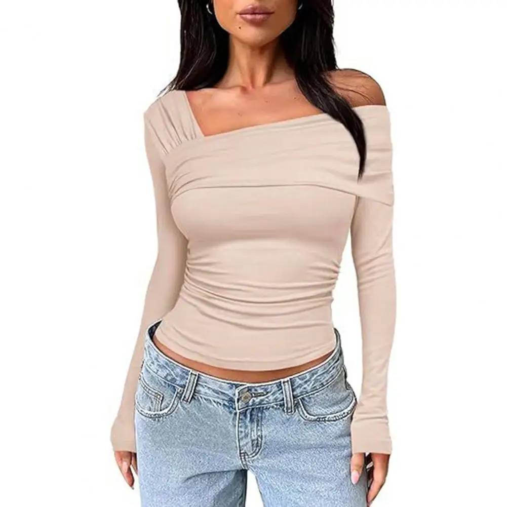 

Fashion Blouse Women Tops Off Shoulder Ruched Long Sleeve Top Classy Commuting Style Slim Fit Elegant Shirt Women 2023