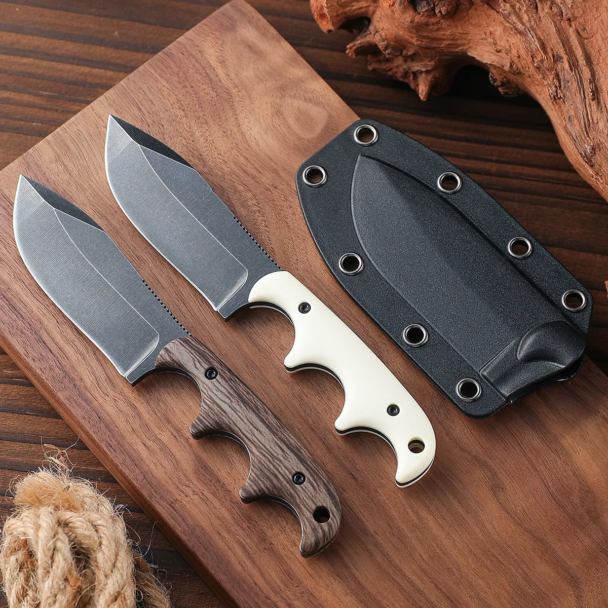 Compact Outdoor Non-Folding Knife, Stone Washed Blade, Camping EDC Survival Knife with White or Wood Grain Handle and K Sheath