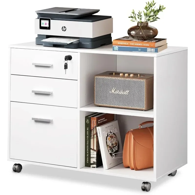 DEVAISE 3-Drawer Wood File Cabinet with Lock, Mobile Lateral Filing Cabinet, Printer Stand with Open Storage Shelves