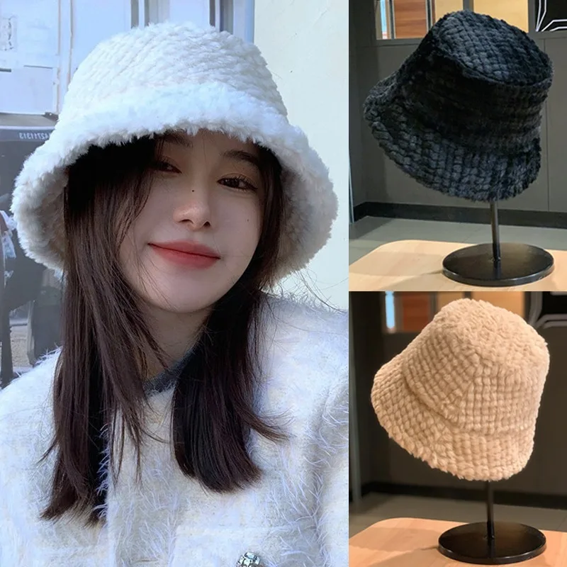 Women Bucket Hat Solid Soft Plush Panama Cap Fashion Fluffy Plush Thicken Warm Fisherman Hats Casual Outdoor Antumn Winter Caps