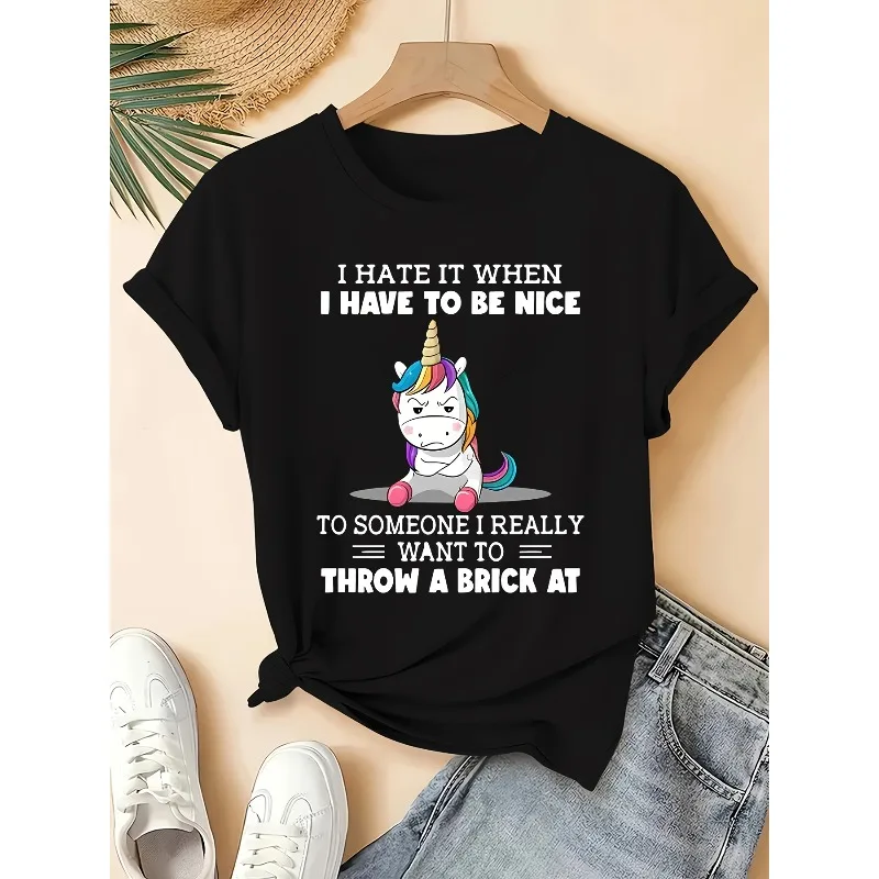 Women's Animal Letter Simple Drawing Sulking Unicorn English Letter Round Neck Casual Breathable Cute Design Women's T-shirt