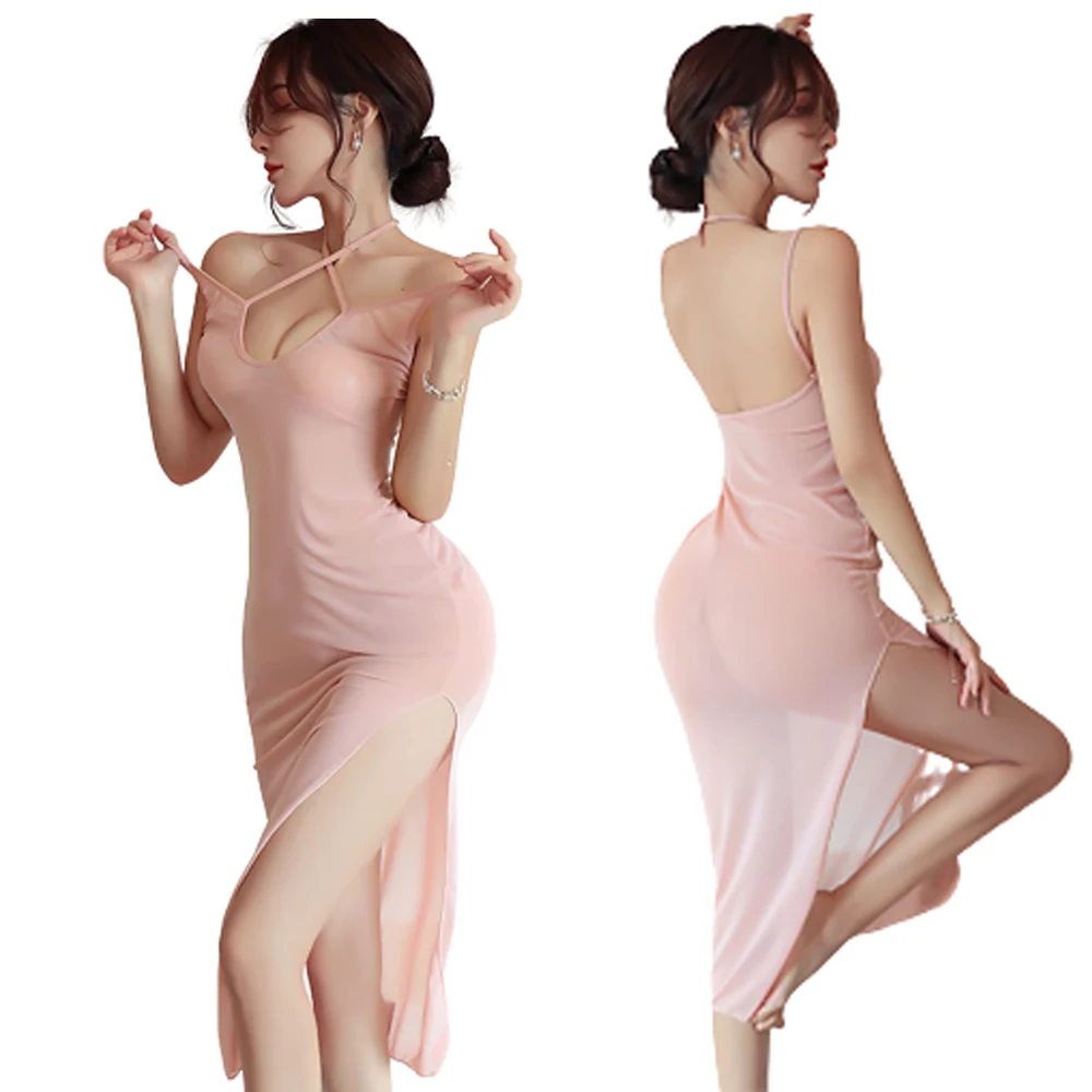 New Women Long Sleeveless See Through Lace Robe Dress Fashion Solid Sexy Perspective Deep V Pajamas Sleepwear Underwear Lingerie