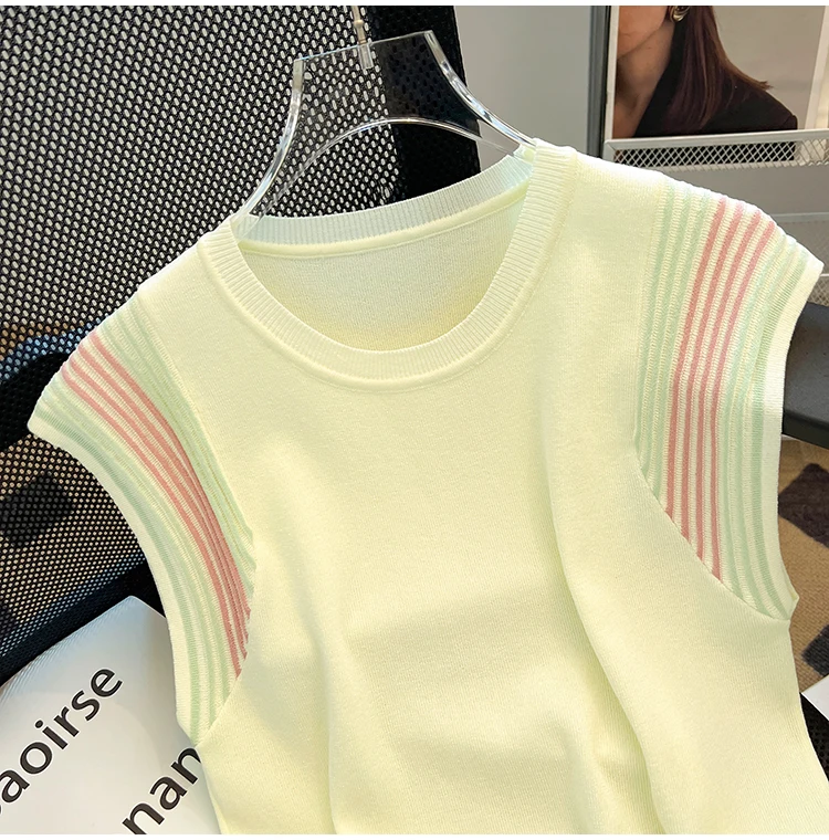 Women\'s Sweater Vests Summer Stylish Chic Fashion Ladies Knitwear Tops Tees Sleeveless O-neck Striped Knit Jumpers Y2k Tops 2024