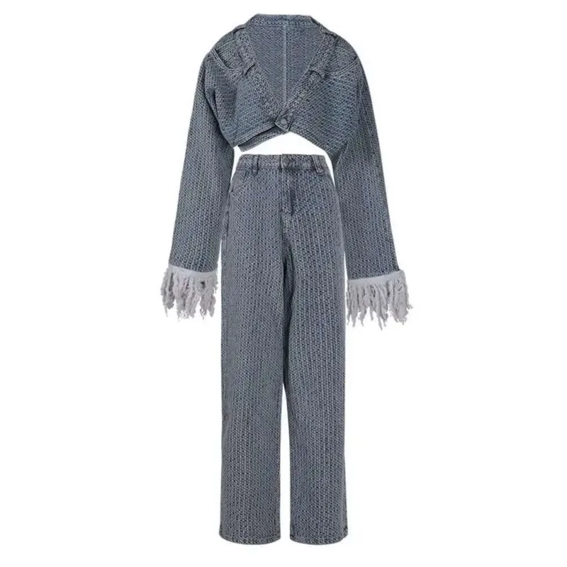 

HUISONG Two Piece Suit Big Size Denim Jacket Wide Leg Pants New V-Neck Long Sleeve Women Fashion Tide Spring Autumn 2025 alvs7i
