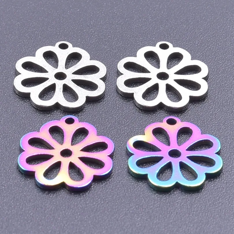 20Pcs 316L Stainless Steel Rainbow Silver Gold Color 14x12mm Flower Charms Pendant for Man Women