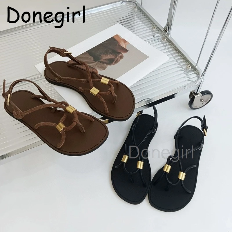 Donegirl 2024 New Vintage Metal Sandals With Versatile Toe Clips Holiday Beach Sandal Sexy Boho Shoes