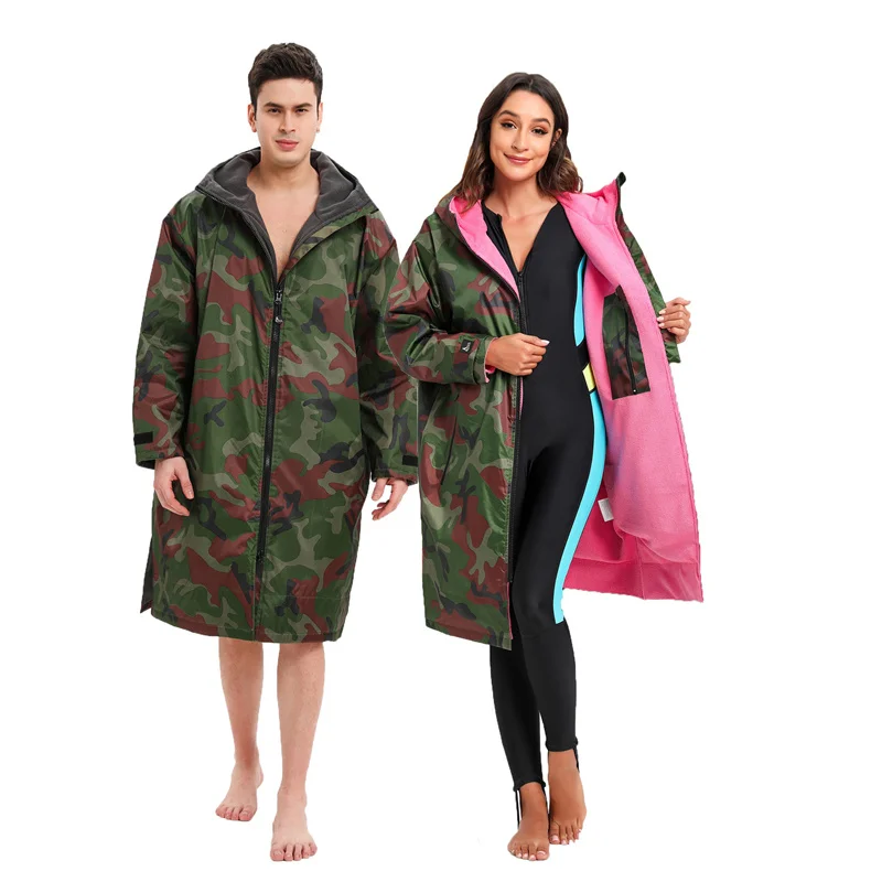 Adults Surf Changing Robe Waterproof Camo Jacket Hooded Cloak Beach Surf Pool Warming Fleece Lining Raincoat Unisex Parka Coat