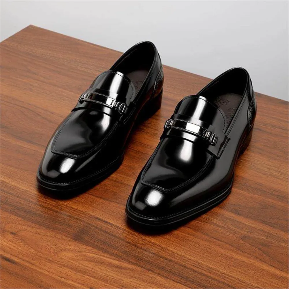 

2026 High Men Genuine Leather Loafers Slip on Square Toe Shiny Leather Business Casual Dress Shoes