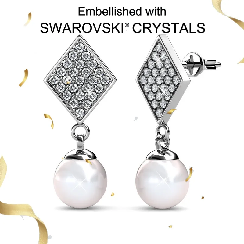 

Daisini Pure 925 Sterling Silver Drop Stud Earrings Rhombus Design with Swarovski Crystals & Pearl for Women Piercing Jewelry