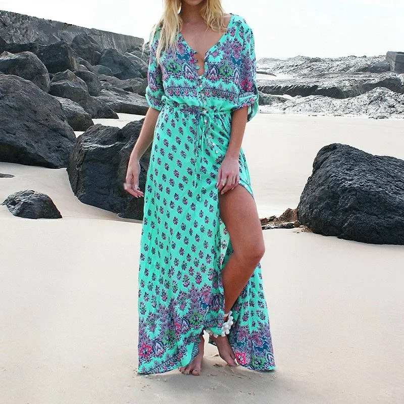 

Fashion Vintage Sexy Womens Bohemian Floral Printed Dress Split Long Maxi Dress Loose Off Shoulder Beach Chiffon Sundress