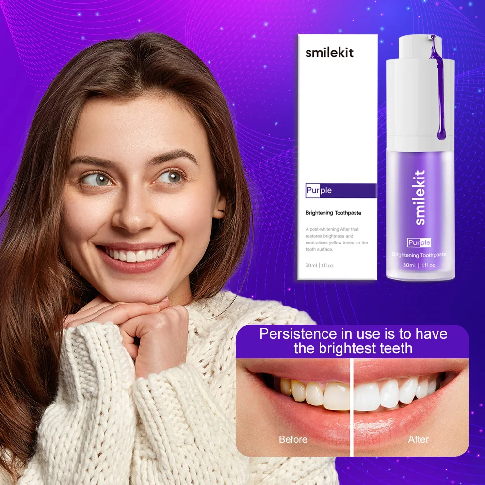 Dentes Whitening Creme dental, Limpeza da Cavidade Oral, Purple Tooth Cleaning Mousse, Reduzir amarelecimento, Refrescante Oral, 30ml