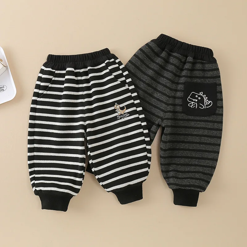 

Новая осенне-зимняя одежда для маленьких девочек, утепленные штаны для мальчиков, одежда для малышей, полосатые брюки для младенцев, детские спортивные костюмы