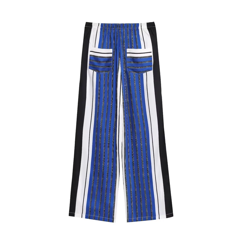 KEYANKETIAN Summer New Women's Blue And White Striped Pocket Decoration Drawstring Tie Mid Waist Casual Pants For Women