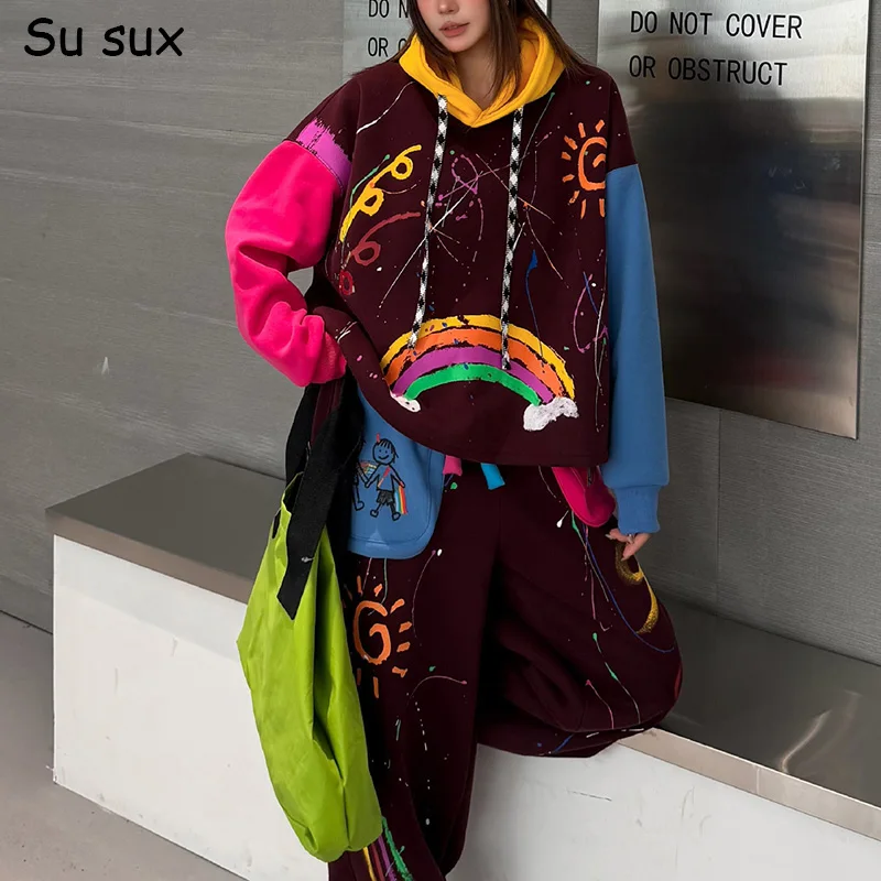 2026 Winter Fleece Graffiti Rainbow Print Oversized Pant Sets Woman Thickened Pullover Hooded Sweatershirts 2 Piece Set Korean