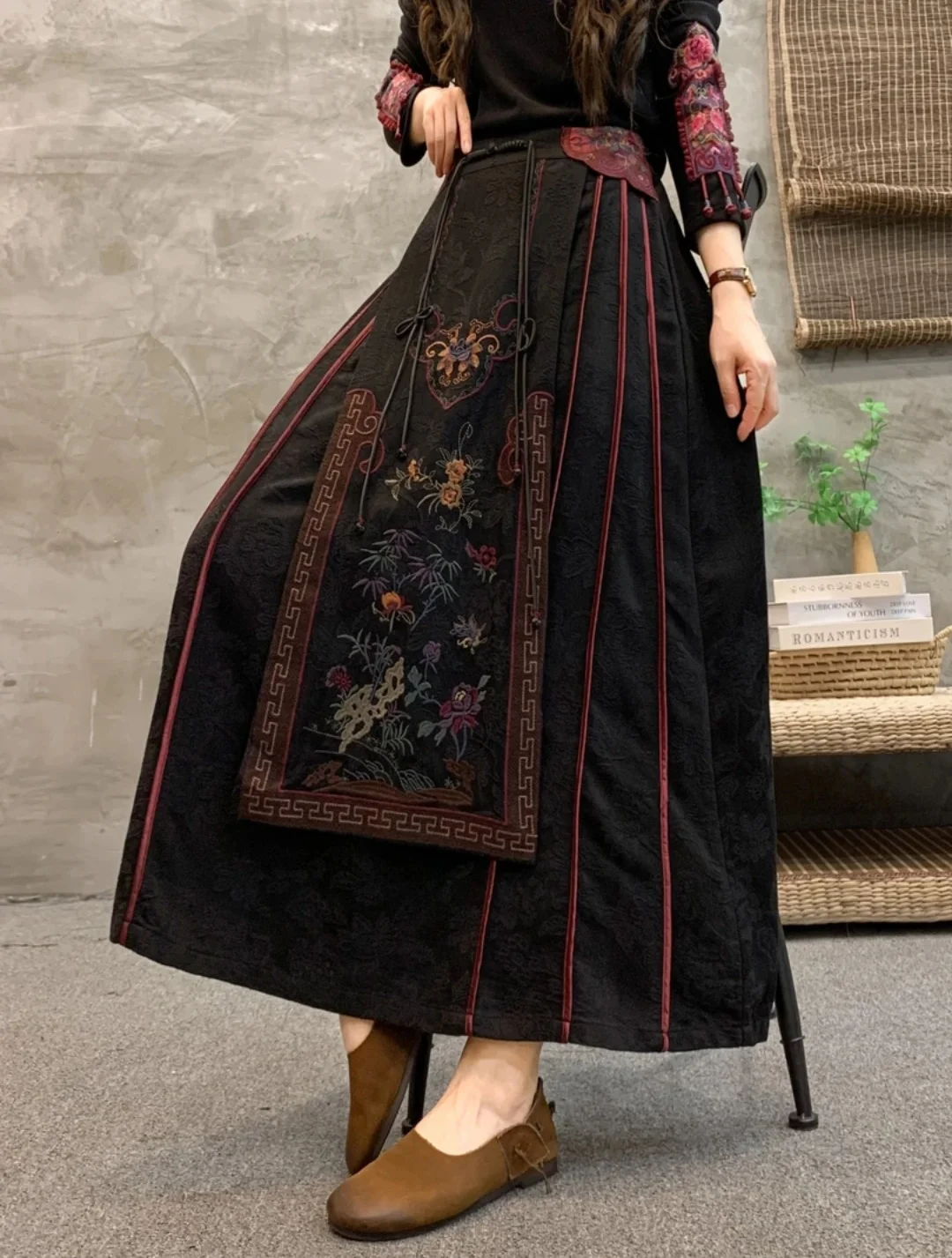 On Sale Winter skirt Vintage cotton linen Black long skirt Embroidery jacquard weave Women skirt Elastic waist