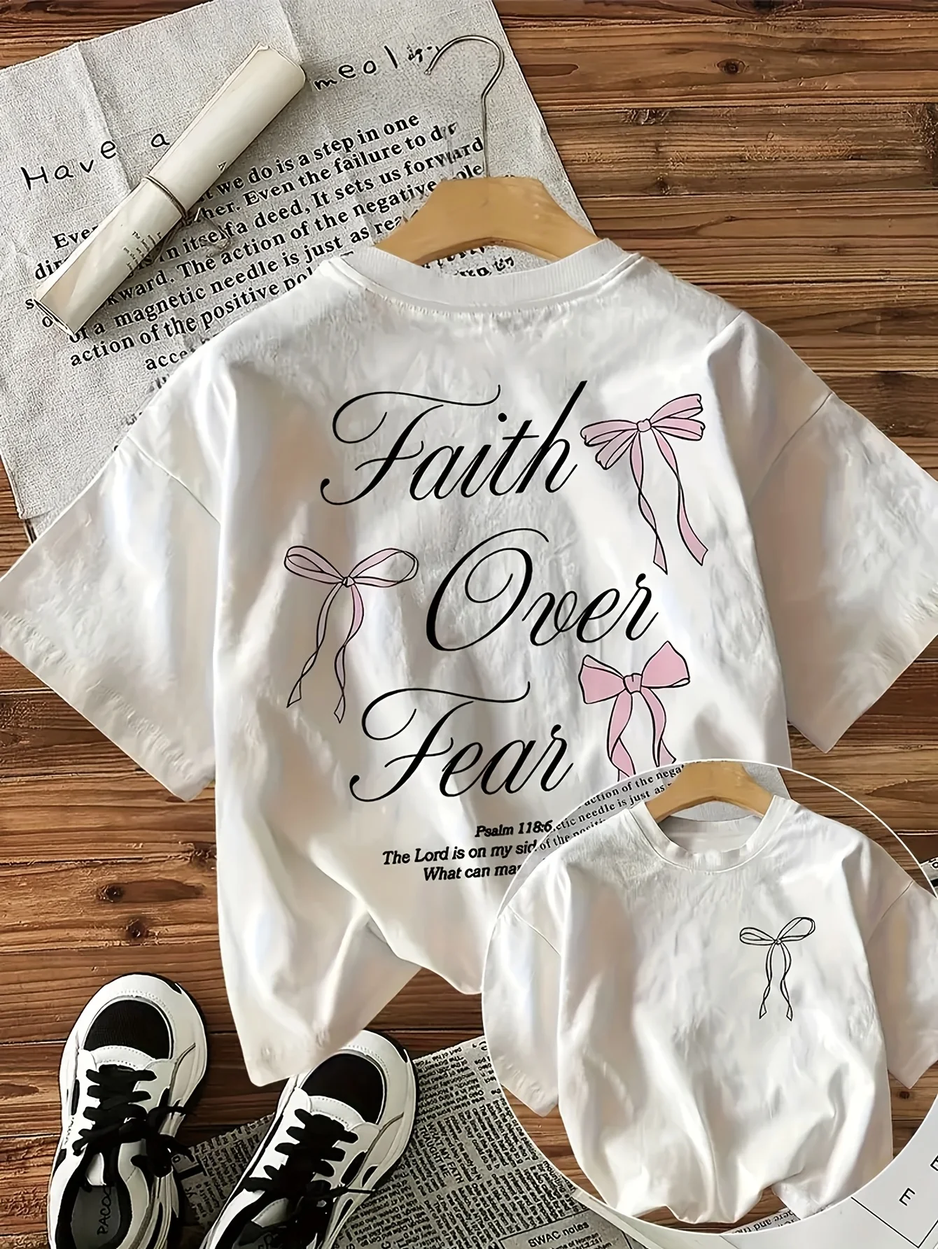 Faith Over Fear Inspirational Quote and Bow Print Double-Sided T-Shirt Casual Round Neck Short Sleeve Regular Length for Women