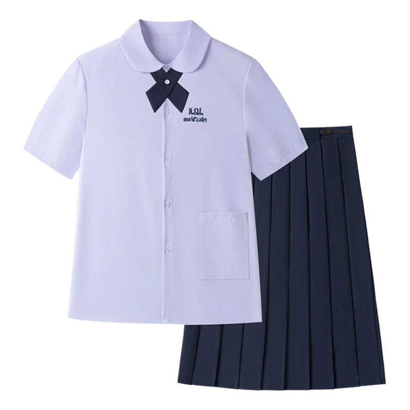 Men/Women JK Uniform Thai Style School Uniforms Short Sleeve White Shirt/Light Purple Shirt Preppy Style Pleated Skirt w/bow Tie