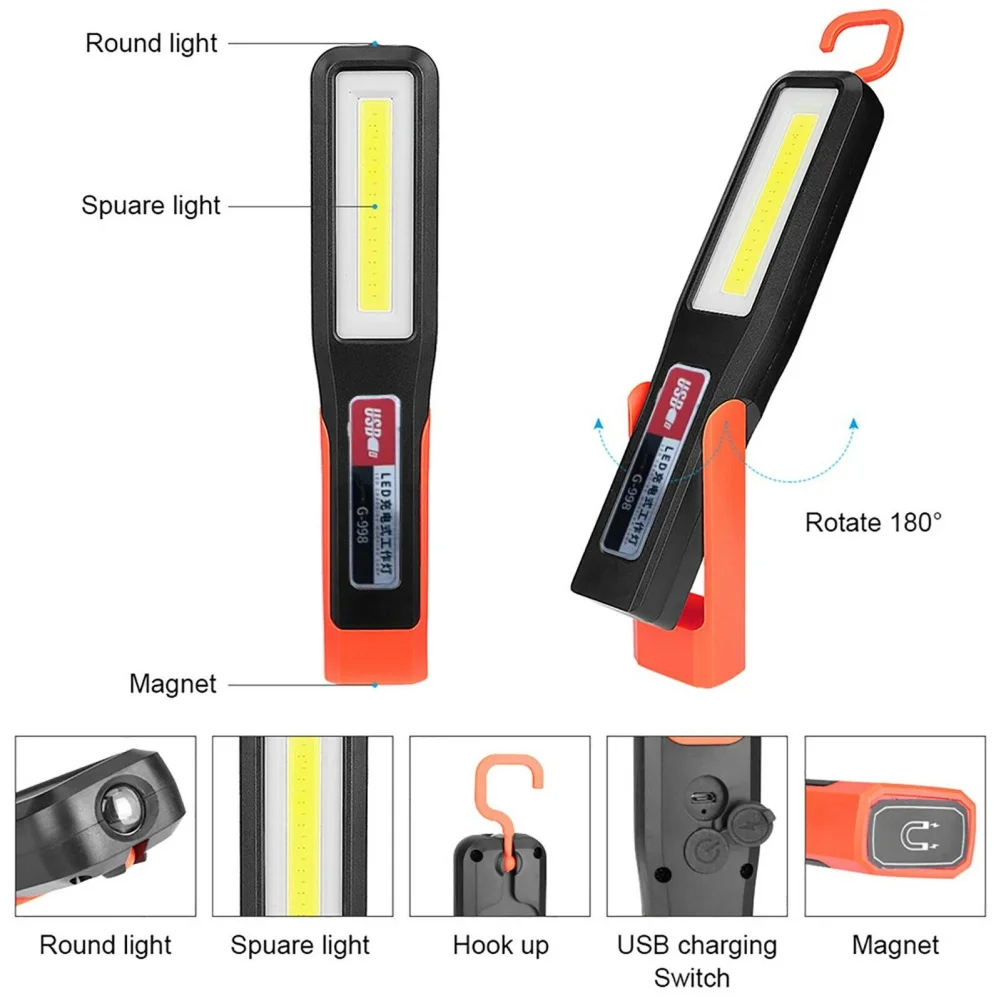 1pcs COB LED Work Light Rechargeable Portable Flashlight Garage Magnetic Lamp With Hook Portable Flashlight For Hiking Camping