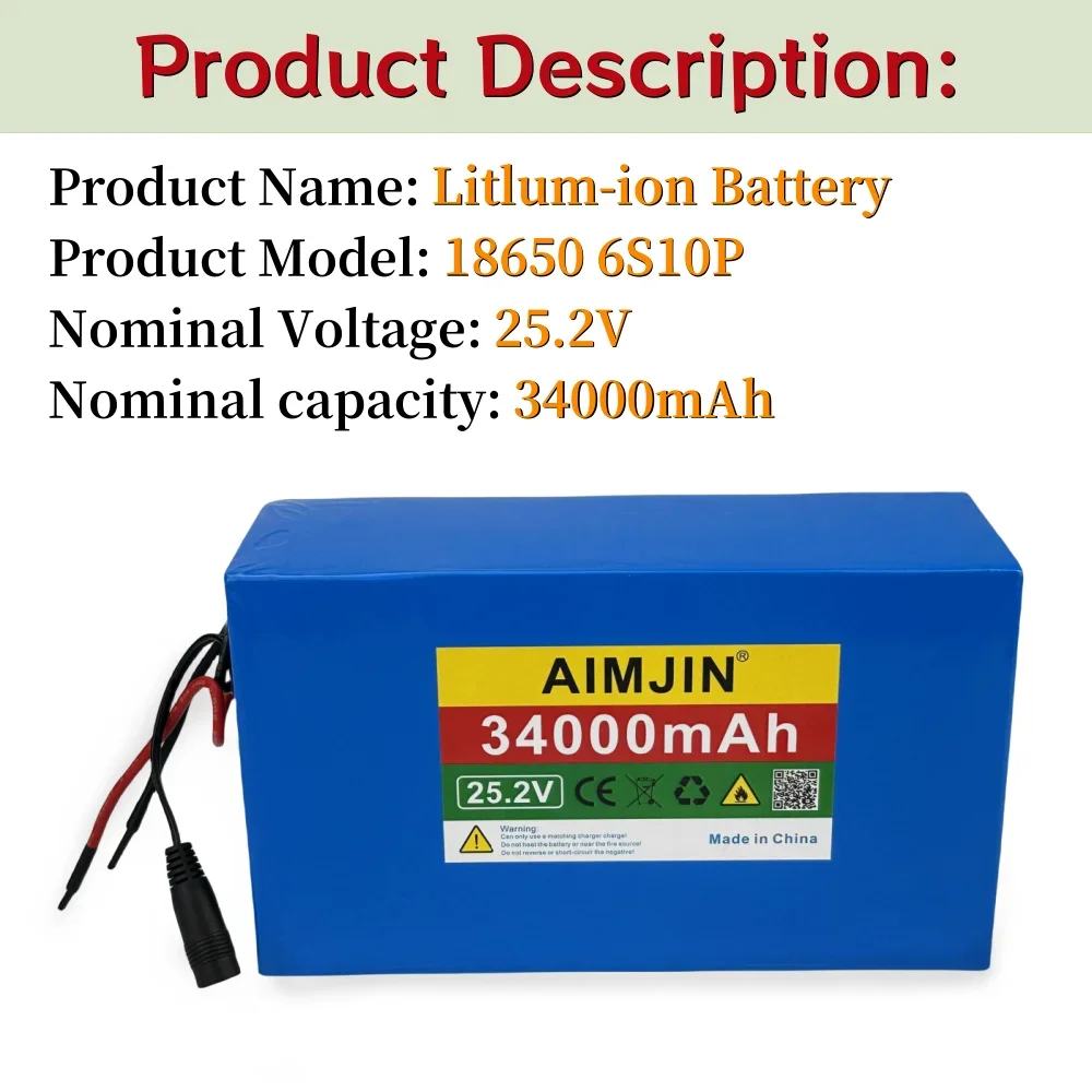 100% NEW 18650 6S10P Lithium-ion Battery Pack 25.2V 34000mAh Suitable for Electric Bicycle Electric motorcycle Battery etc