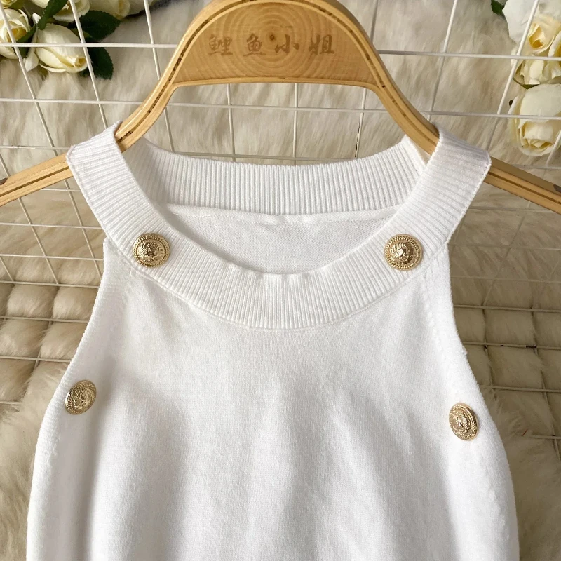 Botões verão feminino tricô bainha tanque vestido feminino bodycon malha camisola sem mangas mini vestidos para roupas femininas