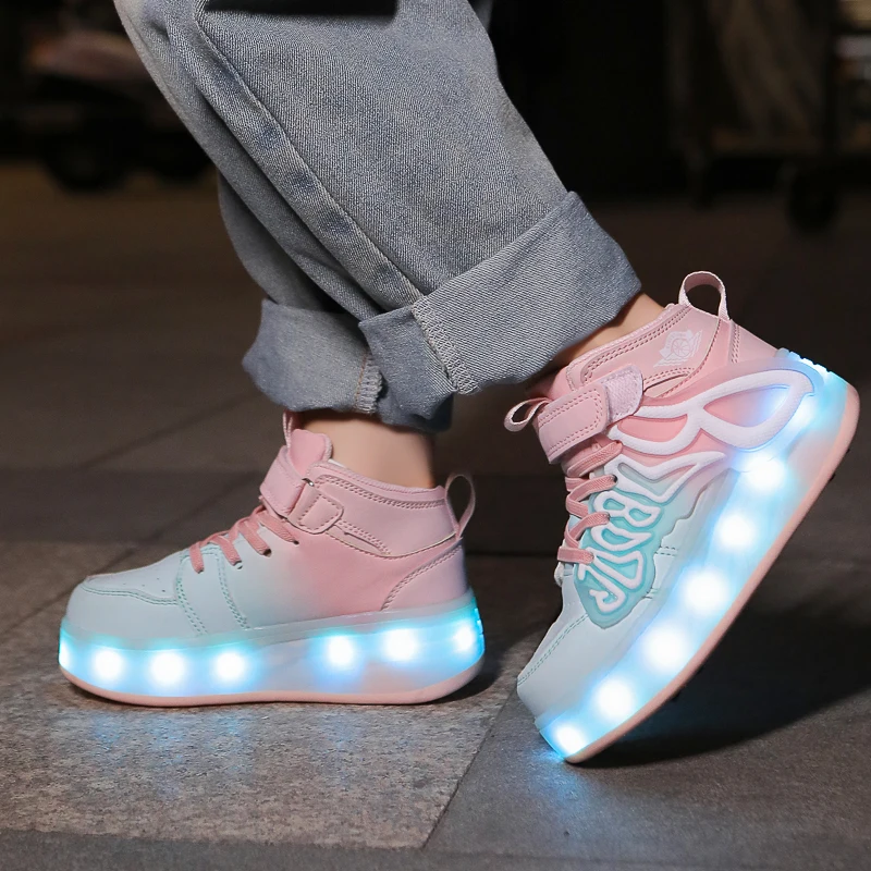 Sapatos de skate para crianças, Tênis 4 rodas para meninos e meninas, LED Light Up Boots para crianças, Calçado de patinação ao ar livre, Presente do jogo