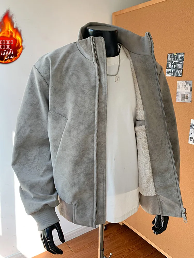 

Men's Thiened Winter Jaet PU Leather Cotton Coat Dyed Mis Surface Lamb Velvet Warm Youthful Sle Straight Hem Zipper