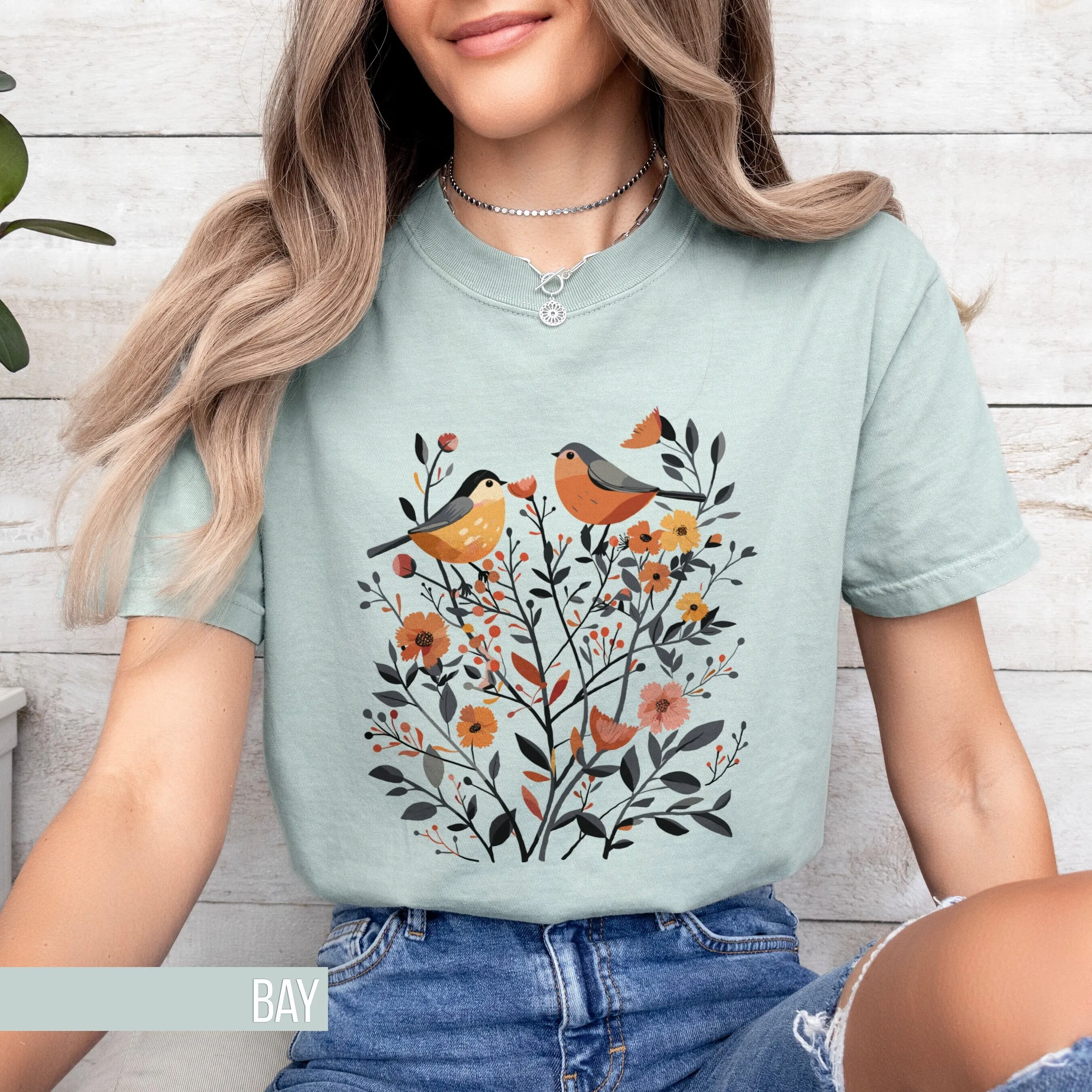 Bird T Shirt Folk Art Flower Vintage Style Boho Cottage Core Aesthetic Nature