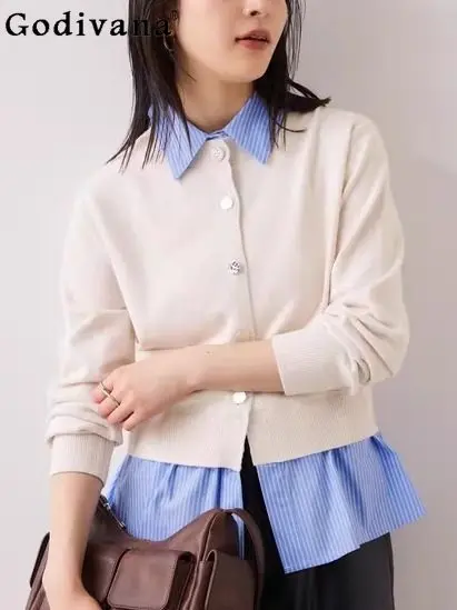 

Japanese Style Patchwork Color-Block Knitted Cardigan for Women 2026 Spring and Autumn New Fashion Design Loose Shirt