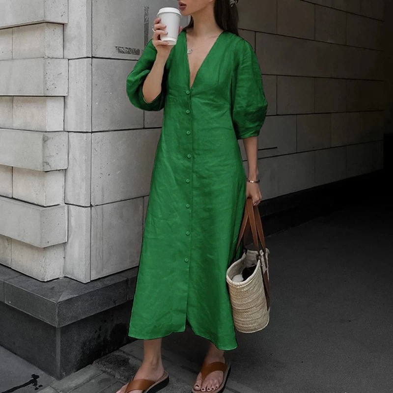 Simple Casual Solid Single-breasted Long Dress Women Spring V Neck Lace-up Backless Office Dress Autumn Half Sleeve A-Line Dress