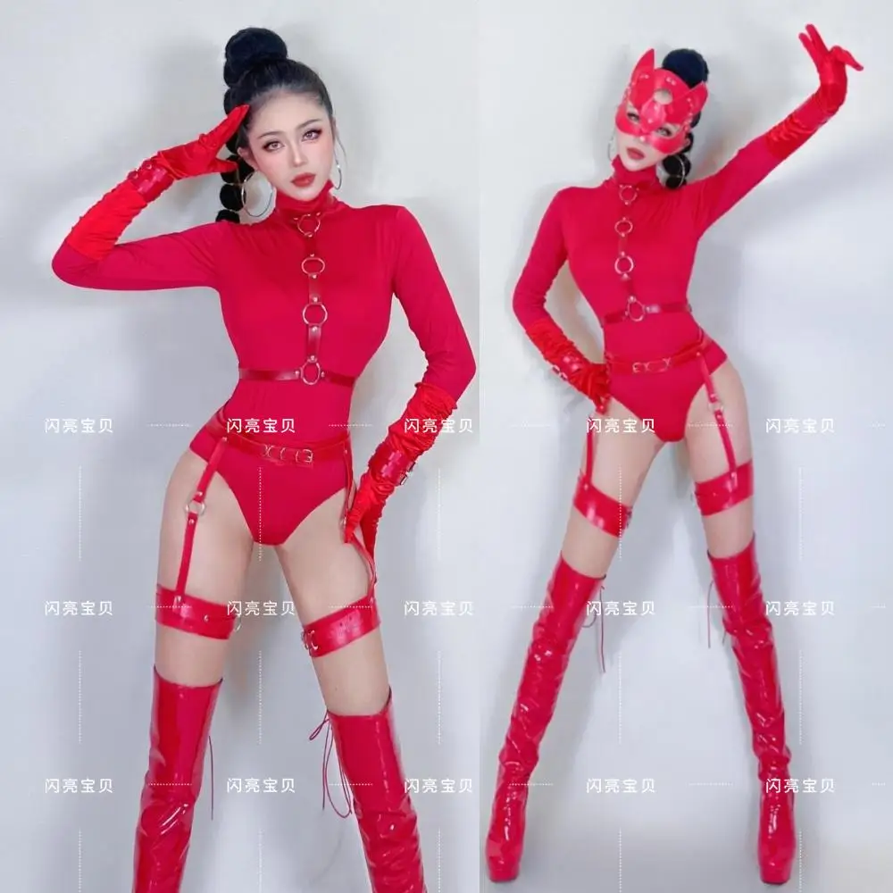 

Сексуальный красный комбинезон с длинными рукавами для ночного клуба, певицы, танцев на пилоне, костюм для выступлений для девочек, узкие шорты для DJ-сцени, одежда для танцоров