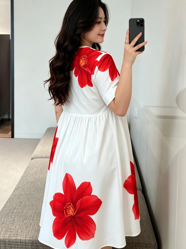 Plus Size Dress Women Floral Print Midi Dress V Neck Short Sleeve Loose A Line Dress Elegant Casual Holiday Daily Wear