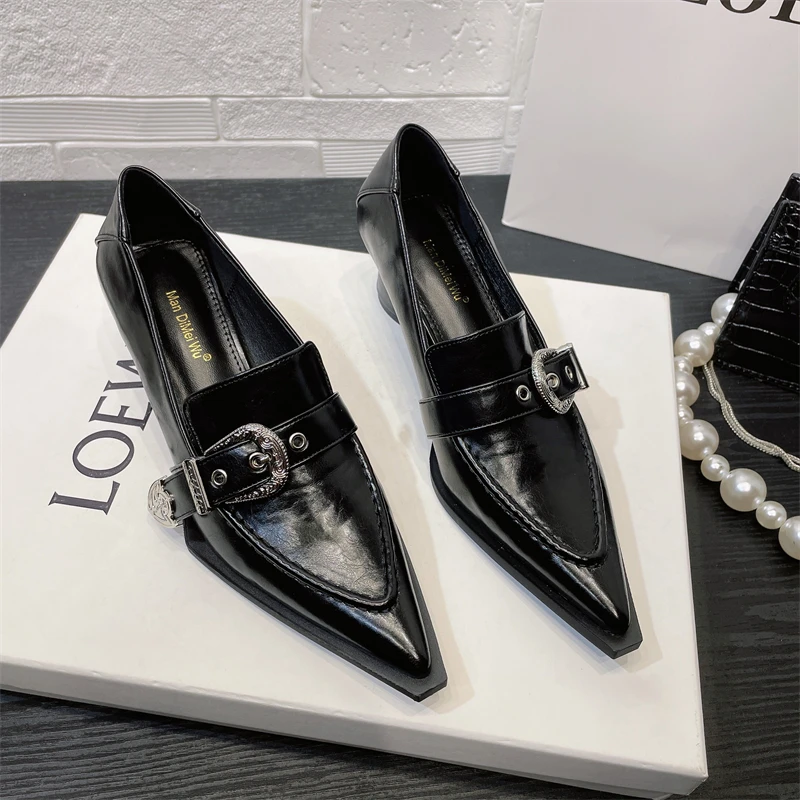 

Fashion Black Women Pumps Loafers Pointed Toe Rivet Design Shallow Slip on Office Pumps Round Mid Heels Dress Shoes Woman Size