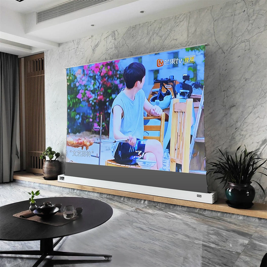 120‘’Black Diamond Electric Tab-Tension ALR/CLR Rollable Floor Rising Projection Screen Motorized For Long Throw Projector 3D 4K