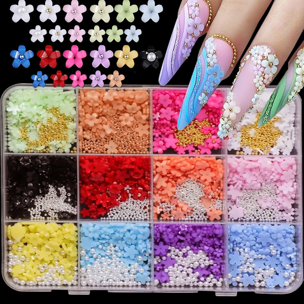 12 شبكة/صندوق 3/6/9 مللي متر زهرة الأكريليك مسمار السحر مختلط حجم الذهب الفضة الخرز الأبيض اللؤلؤ مسمار الفن زينة ملونة مسمار ديكور