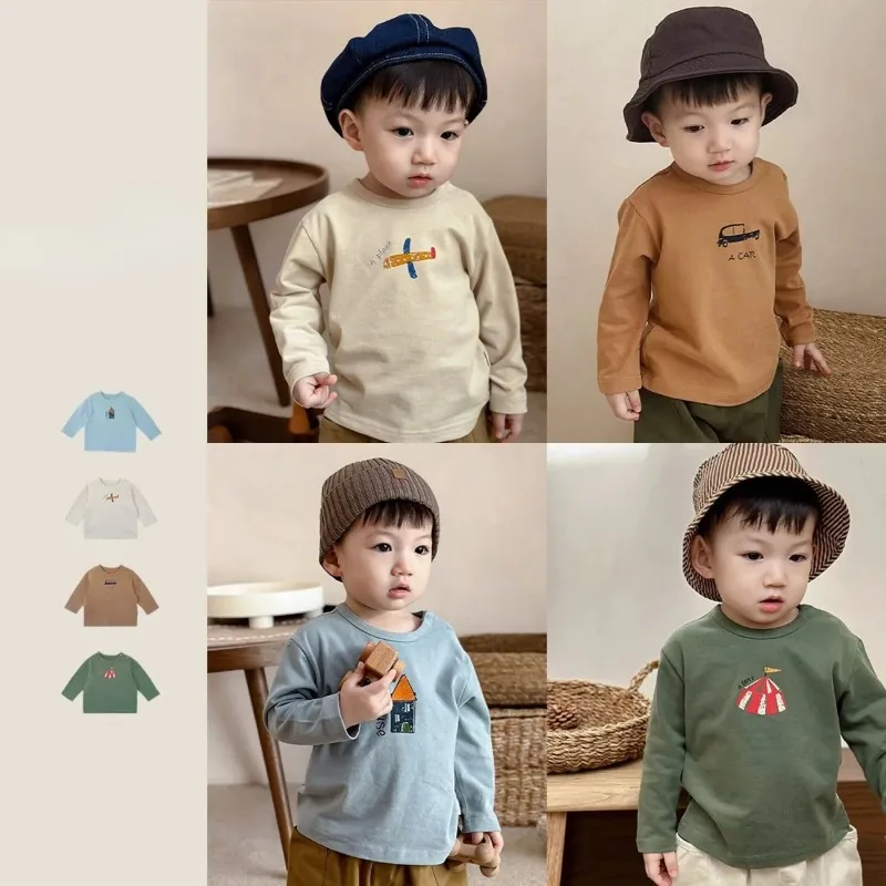 Spring and Autumn New Retro Cartoon Casual Pure Cotton T-shirt for Boys and Girls Long Sleeved Children's Winter Primer Shirt