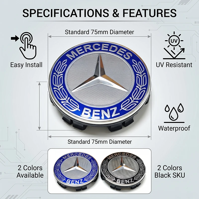 4pcs 75mm Car Wheel Center Hub Cap Covers Auto Rim Cover Stickers For Mercedes Benz C300 C250 C350 C Class W203 W204 C63 C180