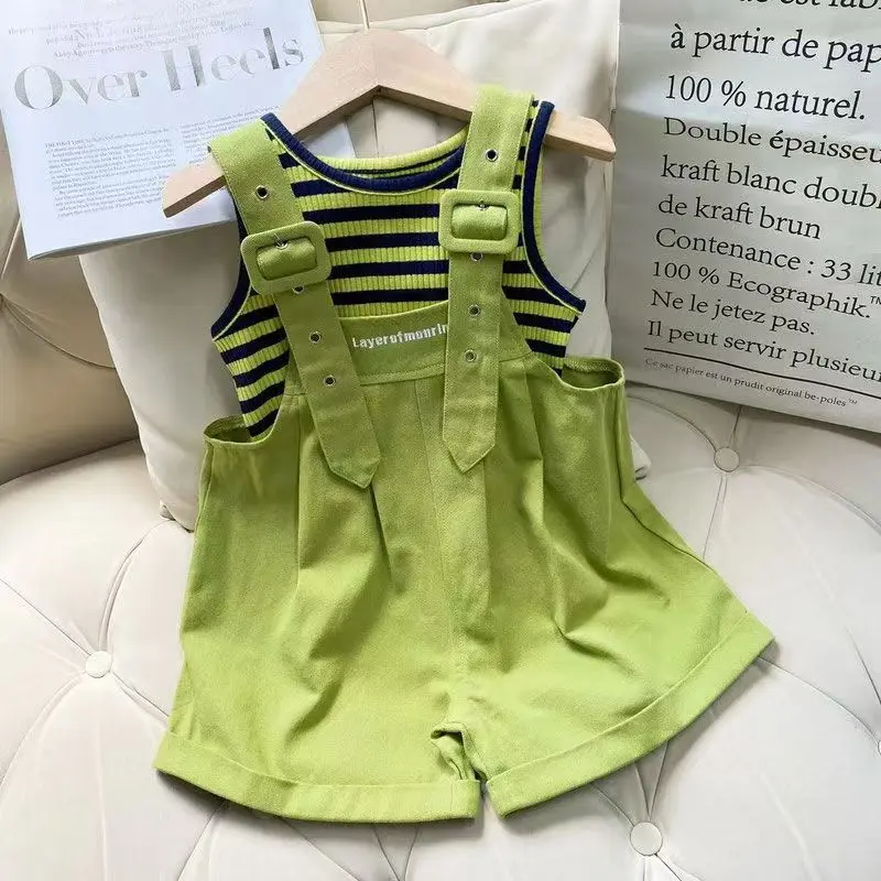 

Girls' Strap Set 2025 Summer New Style Children's Stylish Short Sleeved Tank Top Little Girls' Pants Two Piece Set 90-140CM