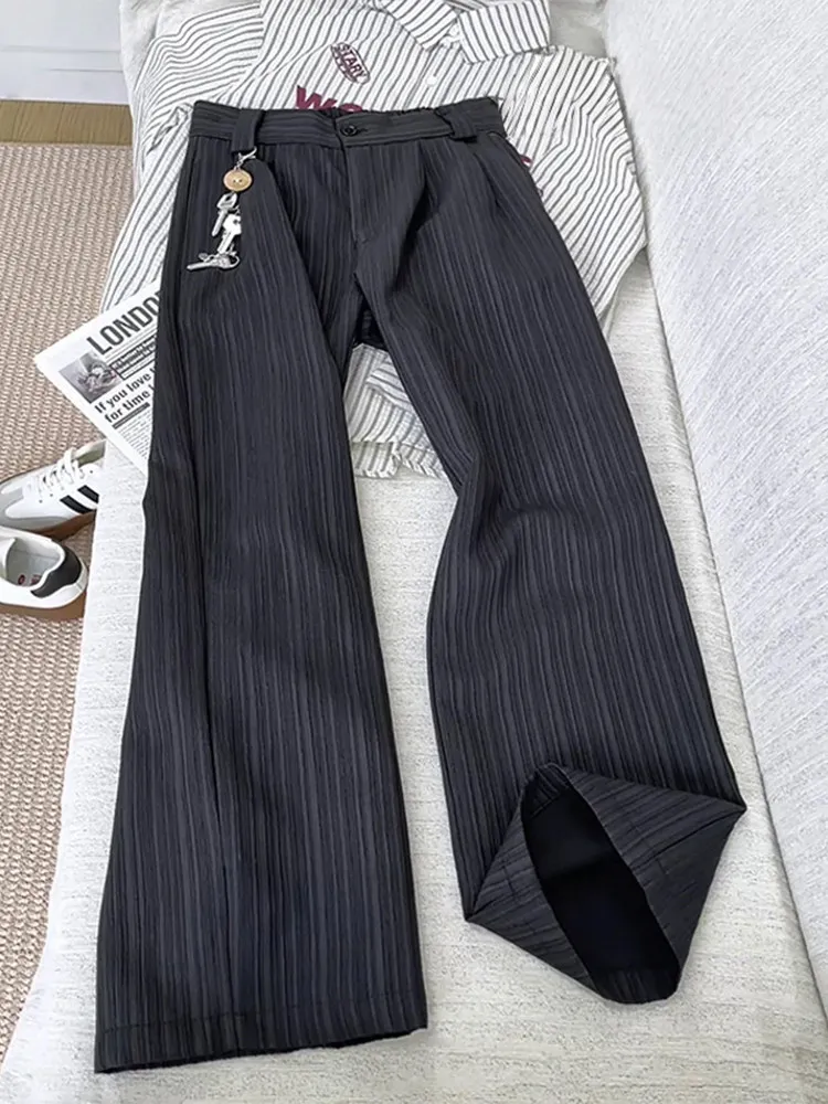 Loose Fit A-Line Men's Pants Vertical Stripes Textured Sensation Wide Leg Long Trousers Casual Style Youthful Energy