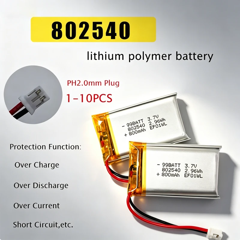 3.7V 800mAh 802540 Li Polymer Lithium Battery for Beauty Instrument Bluetooth Headset Toy Handheld Fans Rechargeable Batteries