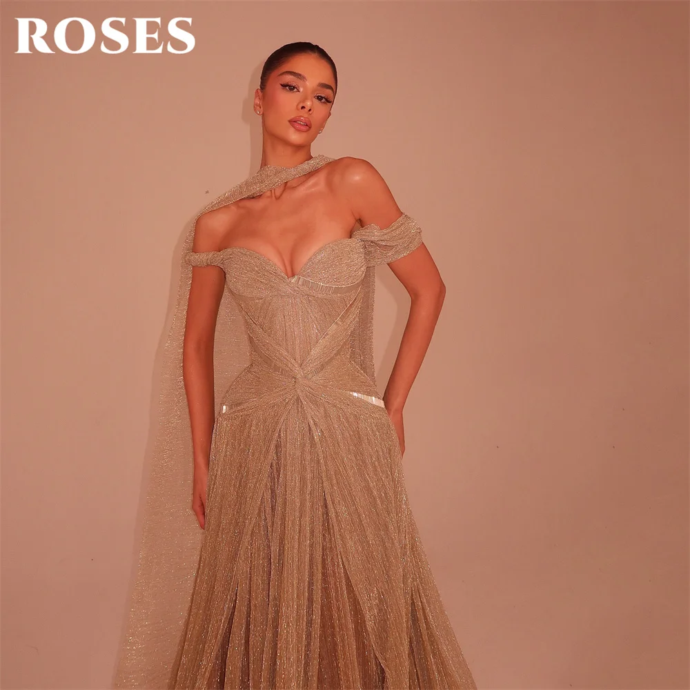 ROSES Champagne Party Dress Off the Shoulder Short Sleeve Evening Dress with Tassel فساتين السهرة Gala Dress Customized - view 3