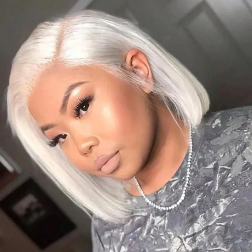 

#60 Color Platinum Blonde Bob Human Hair Remy Straight 13x4 Lace Front Wig Human Hair Pre Plucked With Baby Hair For Women 150 Density Colored Platinum Lace Frontal With Brazilian Virgin Human Hair Wig For Daily Wear