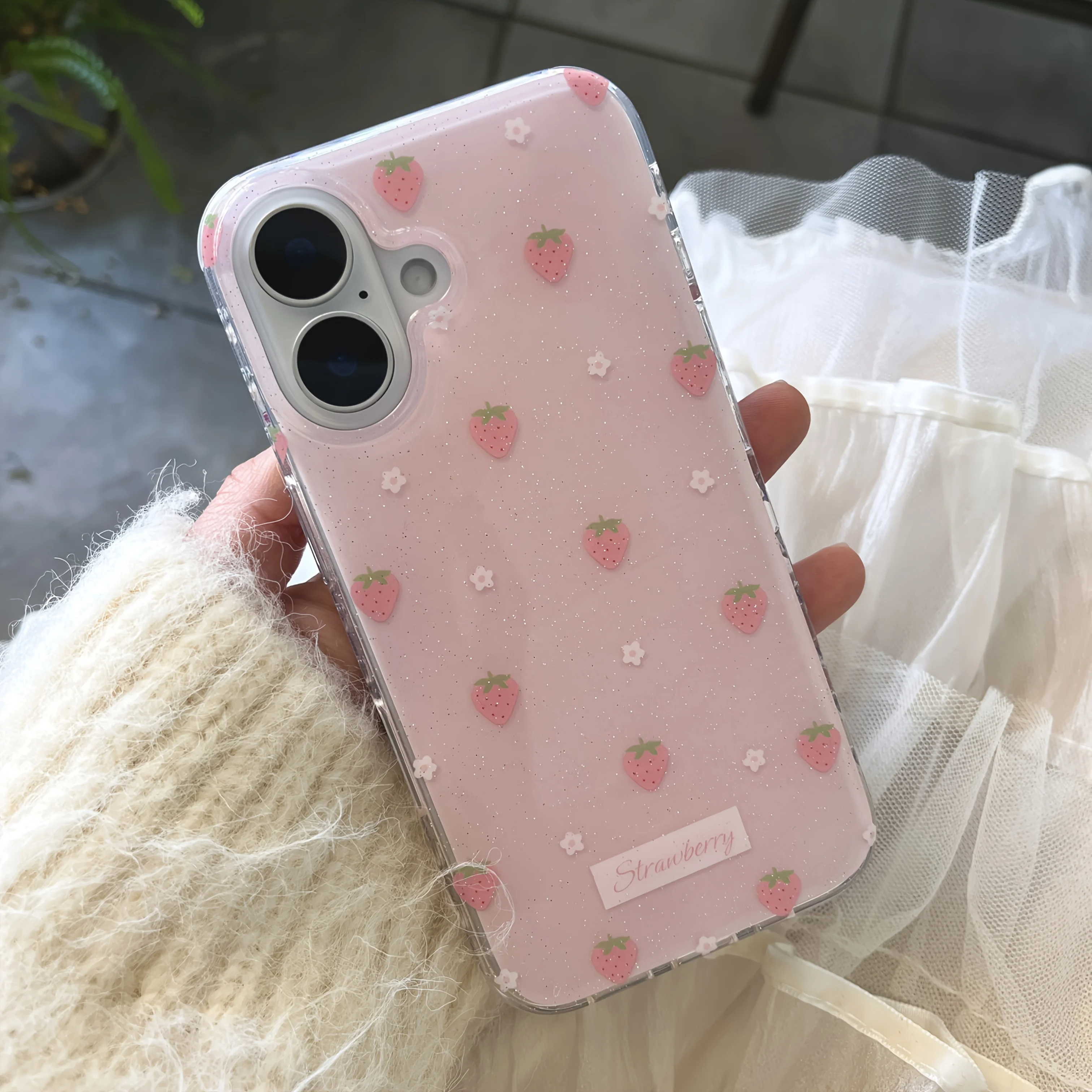 Funda de teléfono INS Cartoon Straberry para iPhone 17 16e 16 15 14 13 12 11 Pro Max X Xs XR XSMax 8 7 6 6s Air Plus textura de plumas