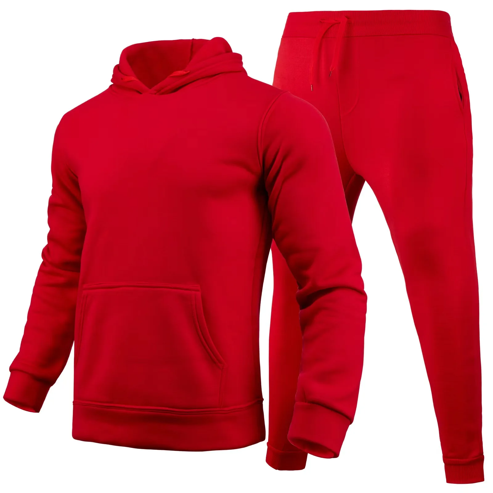 Set Hoodie Slim-fit pria, kasual warna Solid