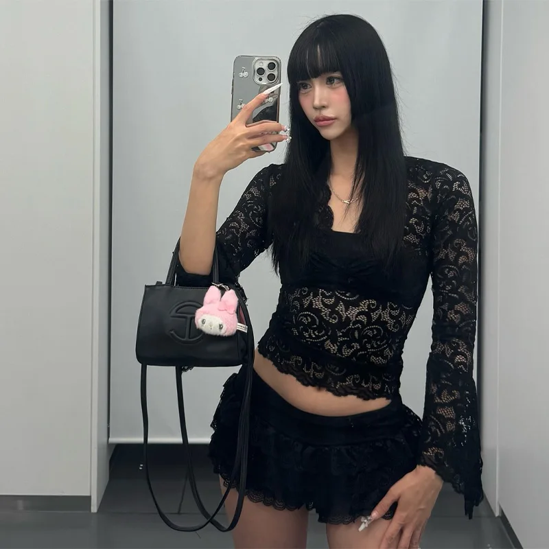 

Women Sexy Lace Black V-neck Tops Fashion See Through Bell Sleeves Bodycon T-shirt Trend Outfits New Lady Party Club Clothing